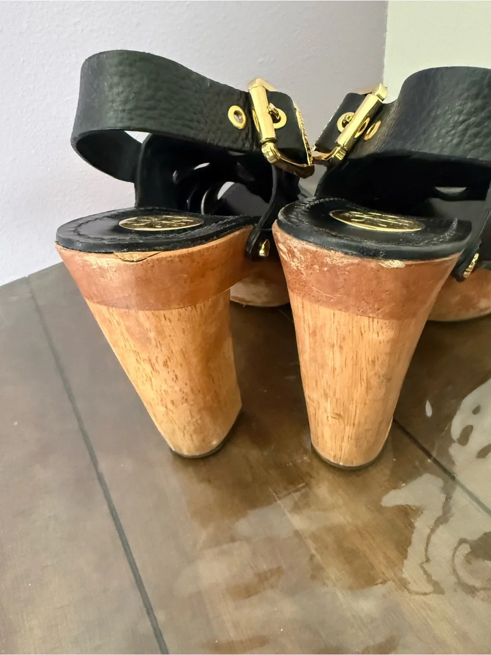 Tory Burch Black Leather Wood Platform Heels Sandals Gold Hardware 9.5